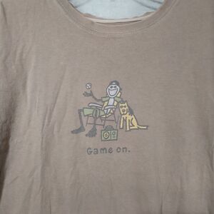 Life Is Good Men's 2XL Tee Shirt Short Sleeve Pullover Brown Game On Puppy Radio